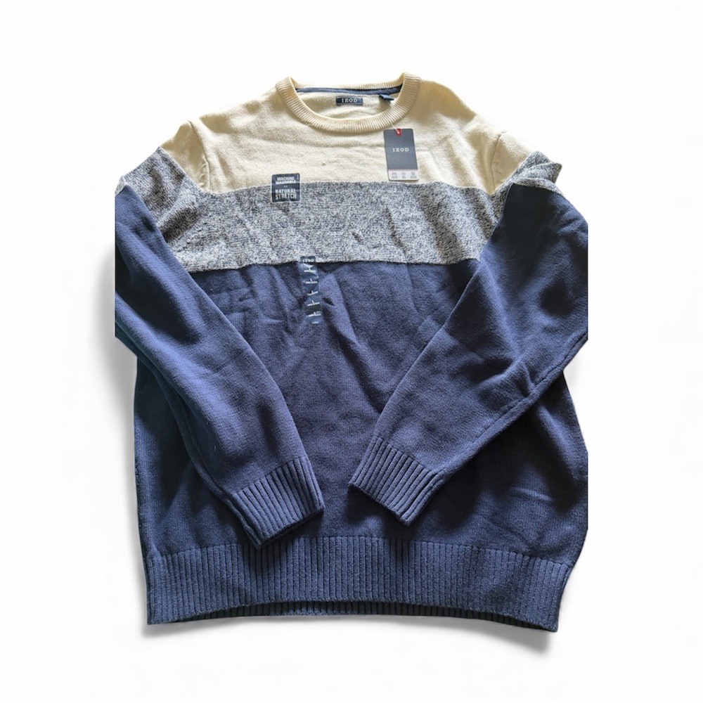 Izod Navy and Cream Colorblock Crewneck Sweater